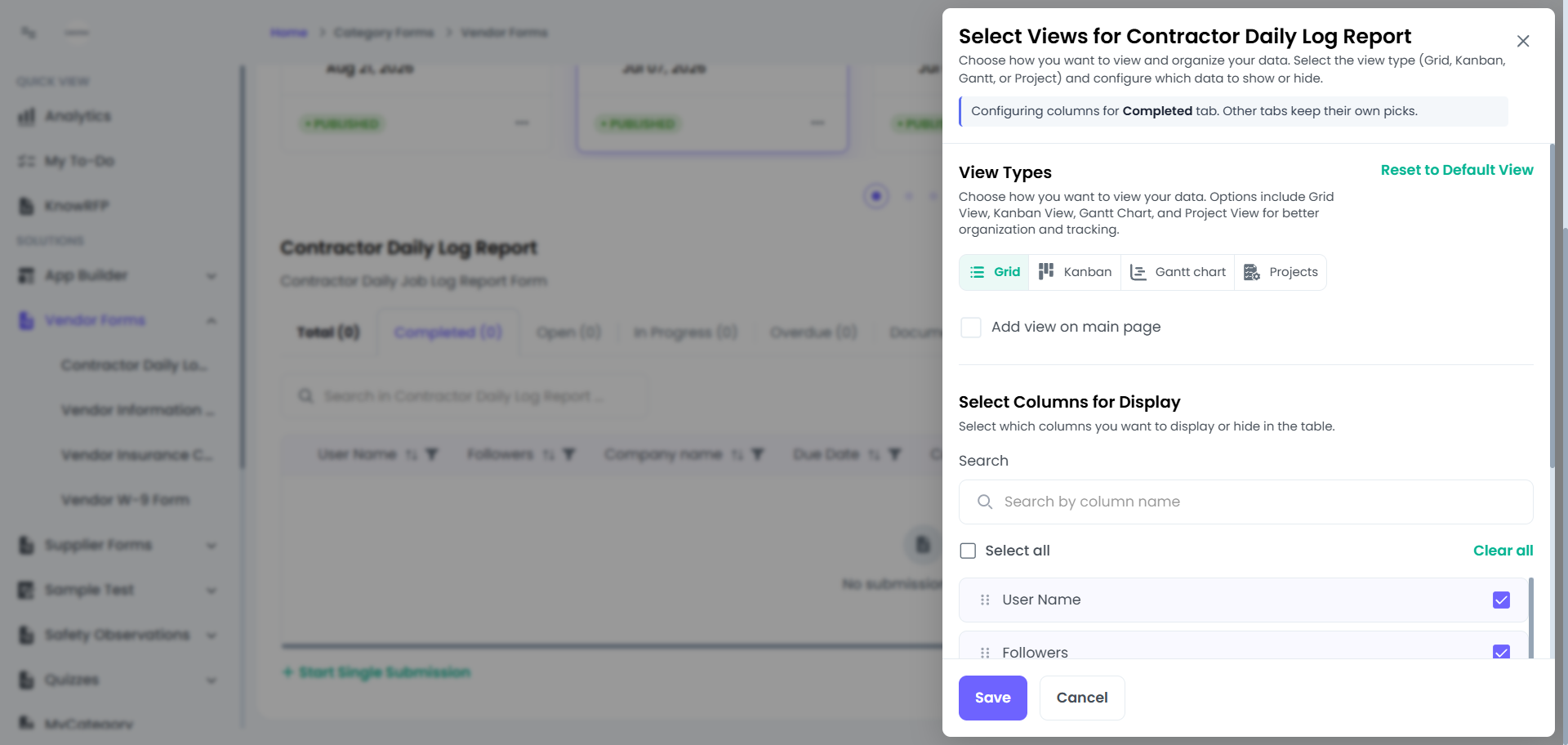 View settings — grid, kanban, Gantt & project