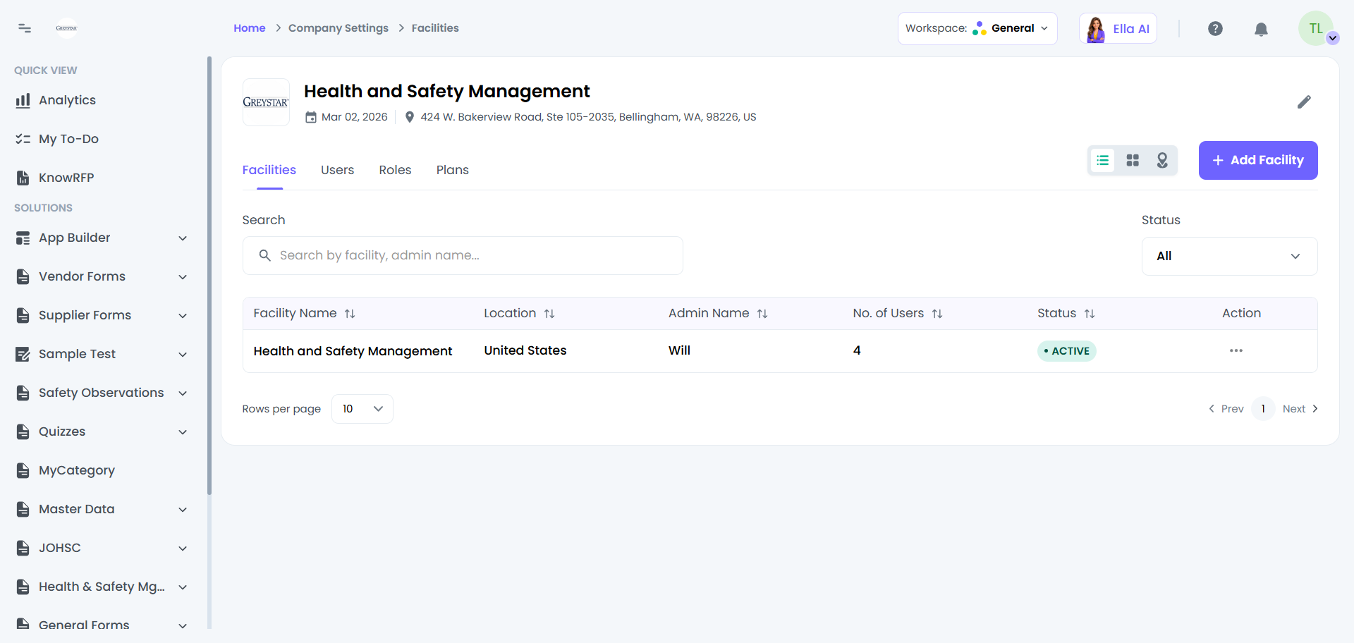 Facilities — view, add, edit & delete